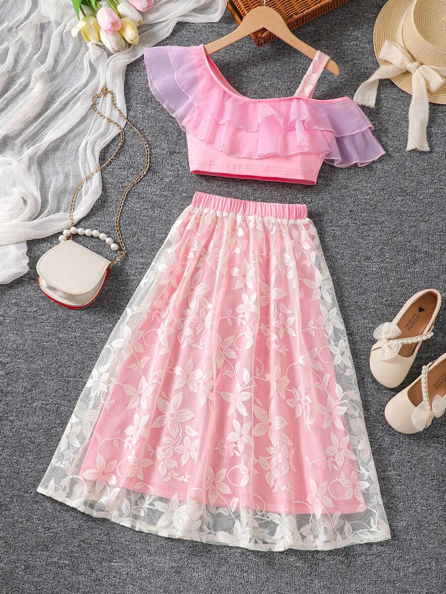 Tween Girls' Casual Vacation Ruffled Crop Top And Floral Mesh Overlay Skirt Set - Pink - View 1