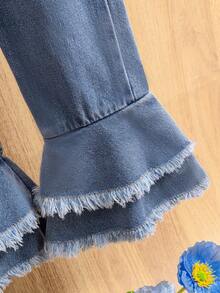 2 件/套女嬰時尚方領長袖上衣荷葉邊下擺喇叭牛仔褲 - 彩色 - 查看 7