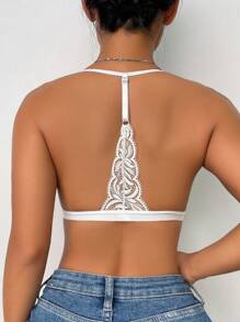 1pc White Lace Halter Bralette Lingerie - White - View 2