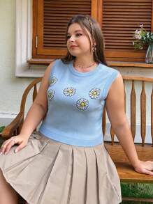 SHEIN EZwear 大尺寸女士點綴雛菊的針織上衣 - 藍色 - 查看 4