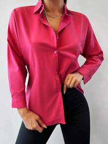 EURMUSE Solid Button Front Shirt - Hot Pink - View 5