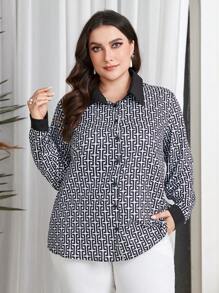 Mulvari Plus Size Women'S Geometric Print Long Sleeve Shirt - Multicolor - View 1