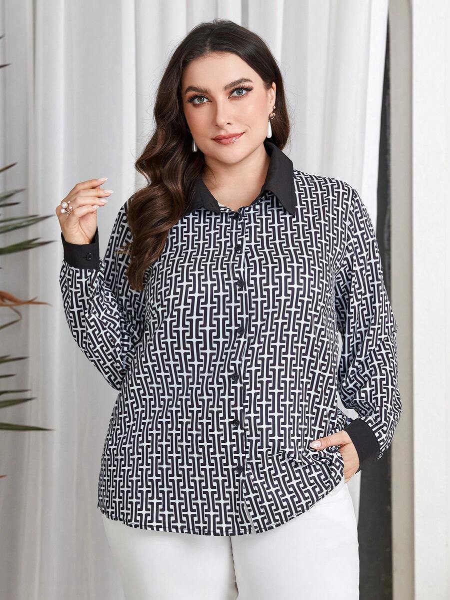 Mulvari Plus Size Women'S Geometric Print Long Sleeve Shirt - Multicolor - View 1