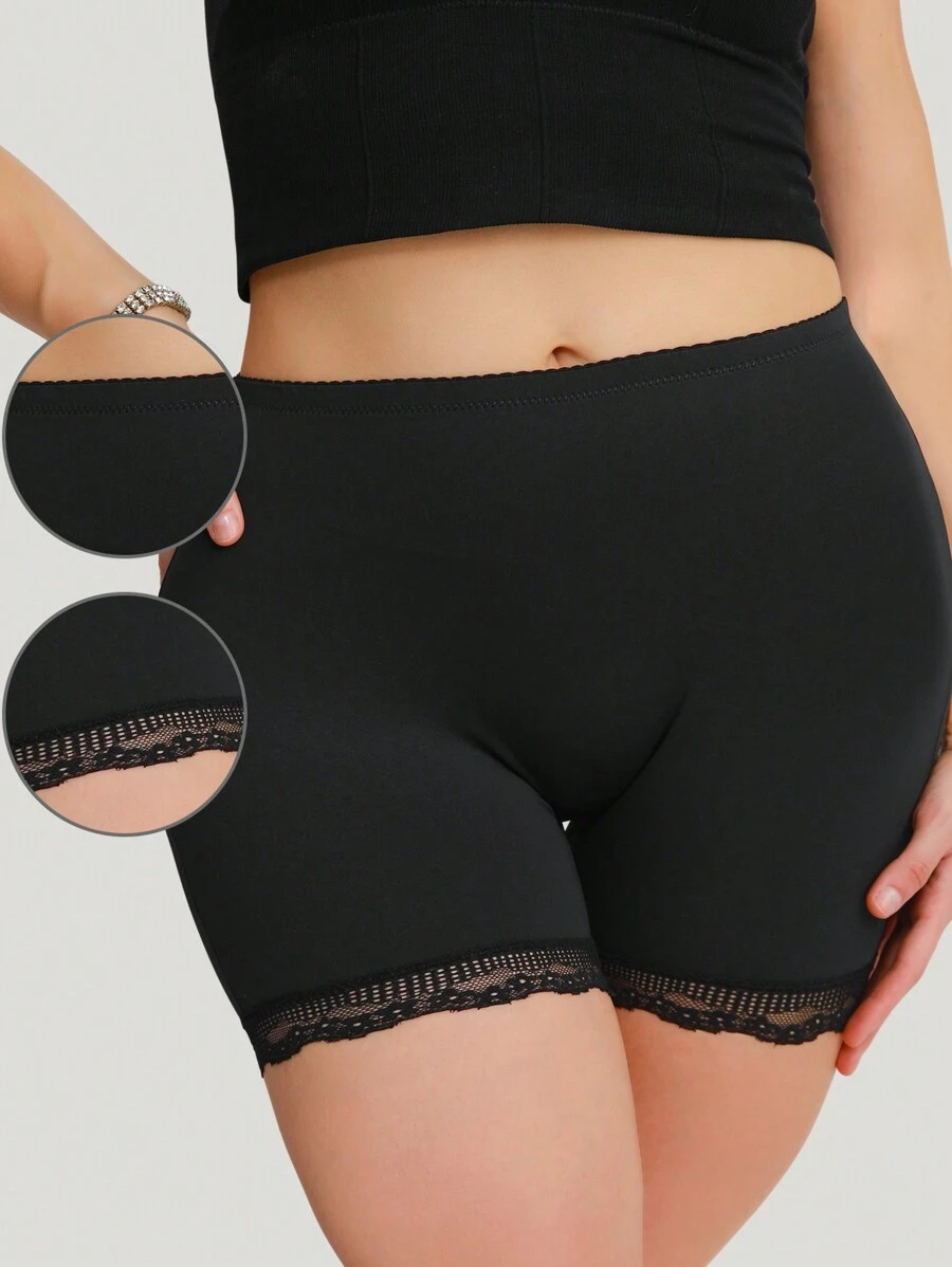 Plus Size Solid Color Lace Trimmed Body Shaper Shorts - Black - View 1