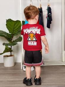 SHEIN Bộ đồ bóng chày hai mảnh họa tiết hoạt hình cổ chữ V nhiều màu cho bé trai và quần short - Đỏ - Xem 13