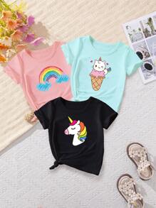 SHEIN Little Girls' Cartoon Printed Short Sleeve T-Shirt - White - View 1