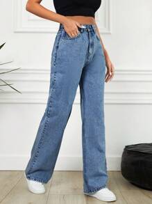 EURMUSE Quần Jeans Ống Rộng Cạp Cao - Màu xanh lam - Xem 3