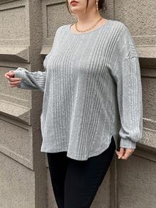 SHEIN Essnce Plus Size Women'S Ribbed Curve Hem T-Shirt - Grey - View 5