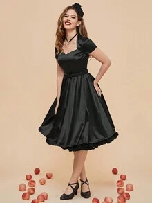 MUXXN Vintage 1950's  Square Collar  Solid Satin Belted Prom Dress - Black - View 7