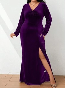 SHEIN Belle Plus Size Women's Deep V-Neck Ruched Front Slit Dress - Purple - View 3