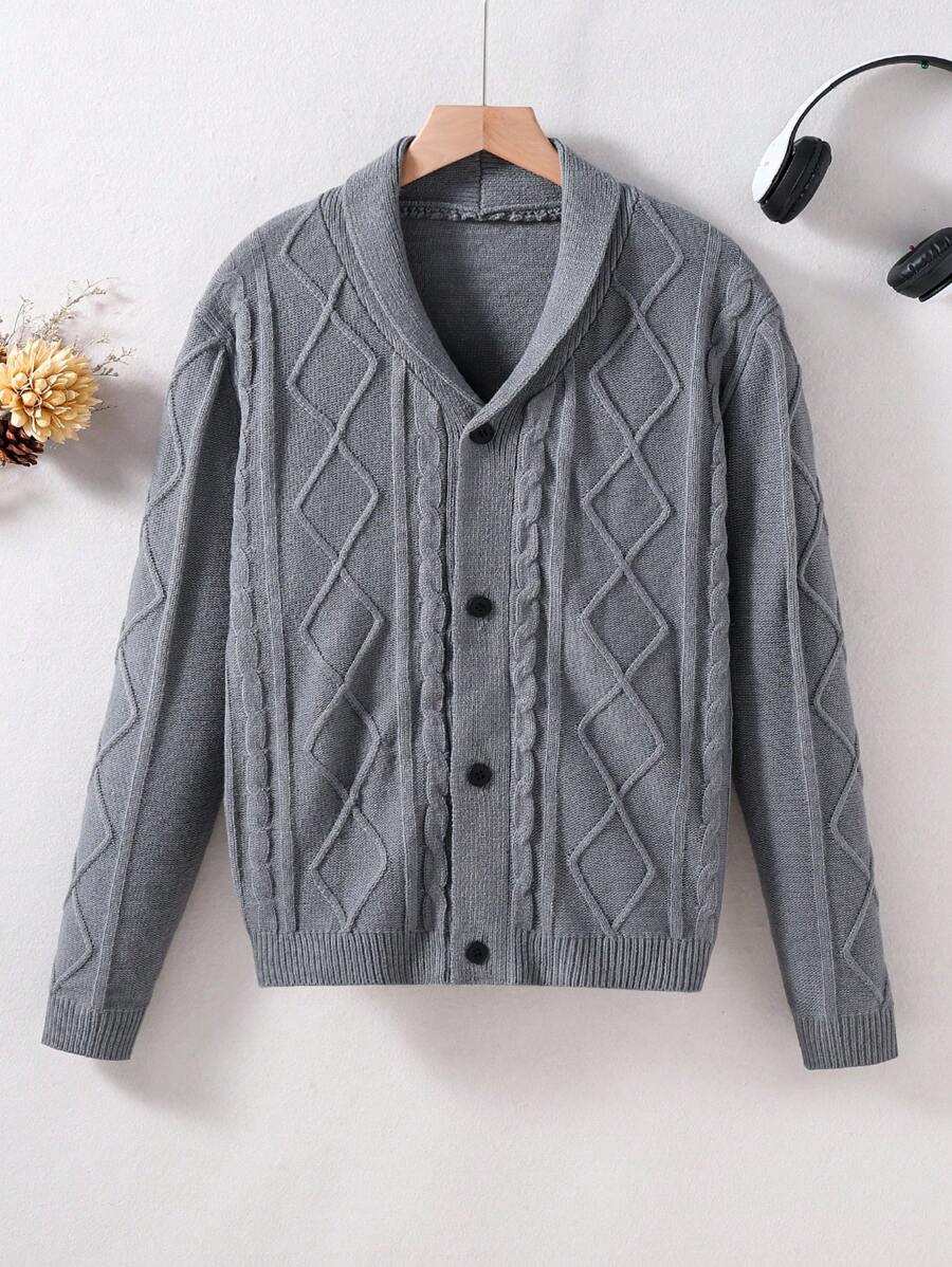 Simple & Fashionable Twist Rope Design Teen Boys' Button-Up Cardigan Sweater - Grey - View 1