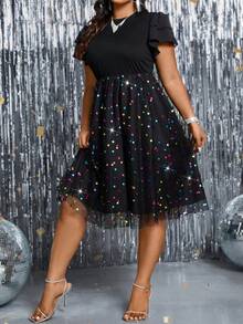 SHEIN BAE 大尺碼雙層喇叭袖波點網狀蓋邊裙,無腰帶設計 - 黑色 - 查看 4