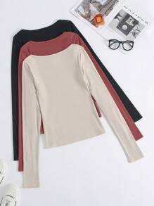 SHEIN Essnce Lot De 3 T-shirts À Manches Longues En Tricot Côtelé - Multicolore - Voir 2