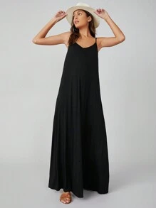 SHEIN BASICS Pocket Side Solid Cami Dress - Black - View 1