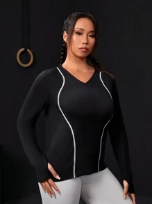 Easithlete 女士加大碼運動v領長袖衣 - 黑色 - 查看 5