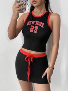 SHEIN Unity 2pcs/Set Colorblock Tank Top With Letter Graphic And Skirt With Border Detail - Multicolor - View 1
