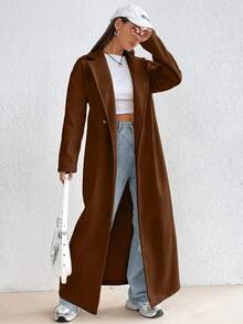 SHEIN Unity Solid Color Turn-Down Collar Woolen Coat - Brown - View 4