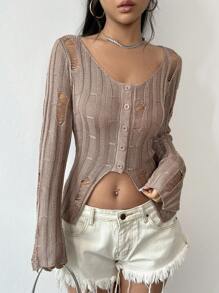 Flirla Distressed Slim Fit Cardigan Sweater Fall Cloth For Women - Brown - View 5
