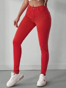 SHEIN Essnce Pantalones Vaqueros De Cintura Media Ajustados Para Mujer - Rojo - Ver 4