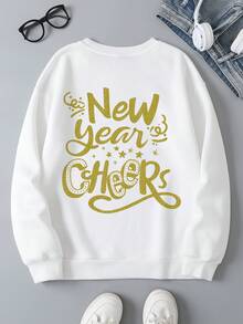 SHEIN EZwear Cheers Happy New Year Letter Print Round Neck Loose Fit Long Sleeve Sweatshirt - White - View 2