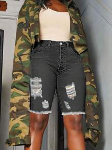 Ripped Raw Hem Denim Shorts Casual Summer - Dark Grey - View 4