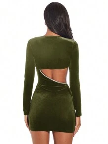 SHEIN BAE Women's Hollow Out Dress With Rhinestone Decoration - Army Green - View 2