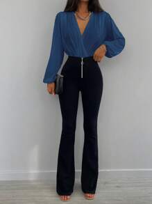 EURMUSE Solid Plunging Neck Lantern Sleeve Blouse - Dusty Blue - View 4