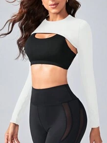 SHEIN Cheerettes Solid Color Crop Top Sports T-Shirt Fitted Long Sleeve Shirt - White - View 2