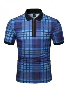 Manfinity Homme Men'S Grid Pattern Short Sleeve Half-Zipper Polo Shirt - Royal Blue - View 4