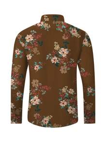 男士長袖花紋襯衫 - 咖啡棕 - 查看 2