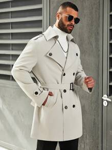 Manfinity Homme Men's Plus Size Double Breasted Shoulder Epaulet Trench Coat - Grey - View 1