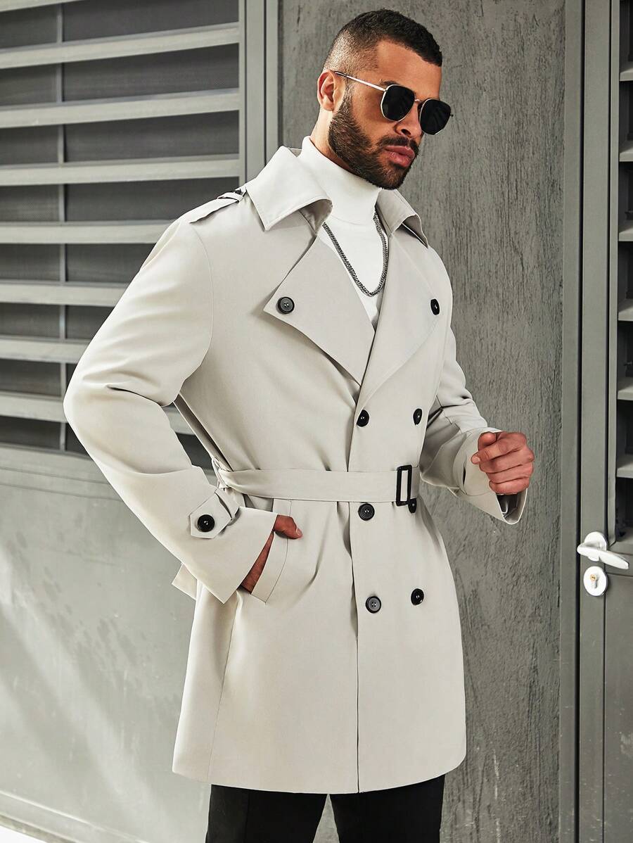 Manfinity Homme Men's Plus Size Double Breasted Shoulder Epaulet Trench Coat - Grey - View 1