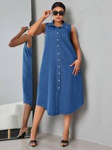 SHEIN SXY Plus Size Women'S Sleeveless Long Denim Dress Milkmaid Dress  Summer Outfits For Women Festival Outfits Sundress Business Casual Woman