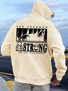Manfinity RSRT 男士骷髅与标语印花保暖内衬连帽衫 - 卡其色 - 查看 1