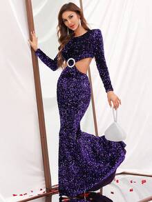 Rhinestone O-Ring Detail Sequin Dress - Purple - View 3
