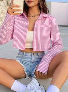 SHEIN Unity Striped Cropped Shirt,Long Sleeve Tops Fall Cloth For Women - Pink - View 6