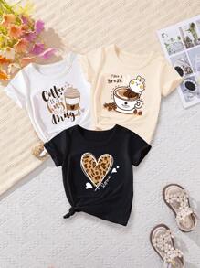 SHEIN 3pcs Girls' Round Neck Short Sleeve T-Shirts With Printed Patterns - White - View 1