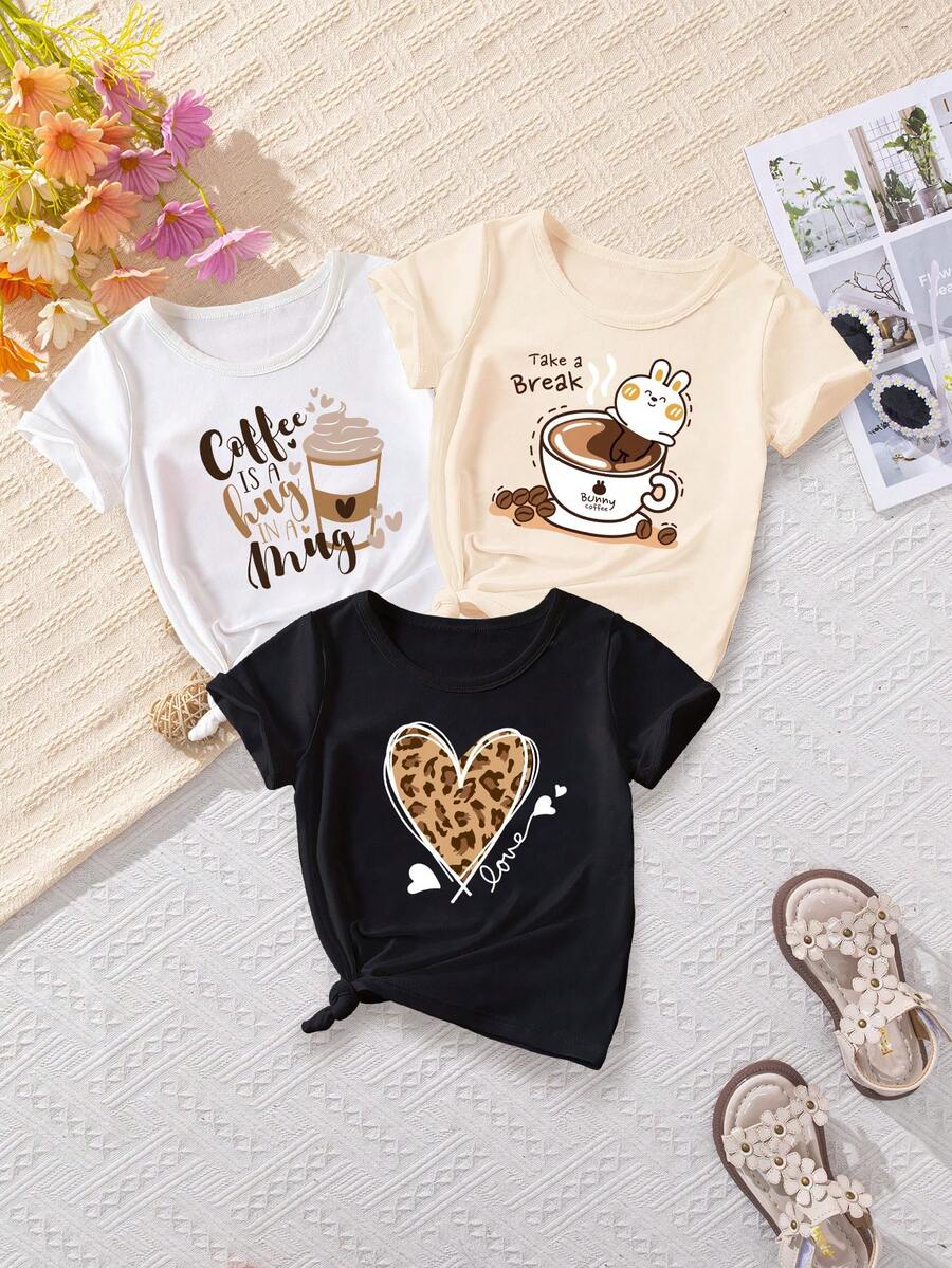 SHEIN 3pcs Girls' Round Neck Short Sleeve T-Shirts With Printed Patterns - White - View 1