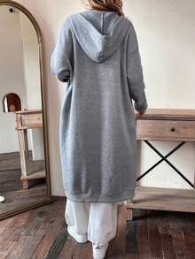 SHEIN LUNE Women's Long Hooded Fleece Sweatshirt With Drawstring - Grey - View 2