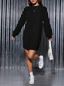 SHEIN PETITE 女式落肩長袖肋紋修身連衣裙 - 黑色 - 查看 7