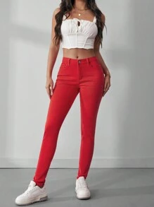 SHEIN Essnce Pantalones Vaqueros De Cintura Media Ajustados Para Mujer - Rojo - Ver 2