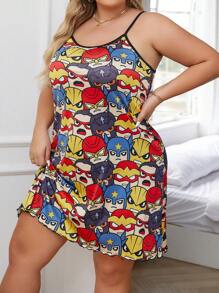 Vestido de dormir tipo pijama con estampado de personajes de caricatura para mujeres de talla grande - Multicolor - Ver 3