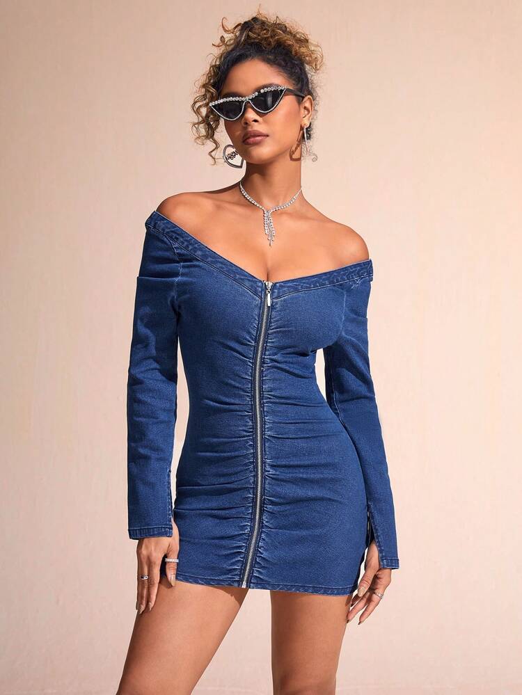 Off-Shoulder Zip Front Denim Dress