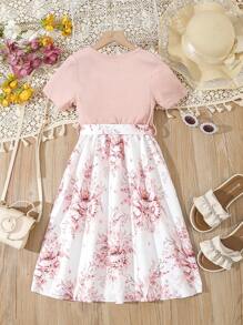 青少年女孩时尚花卉印花拼布抽绳腰连衣裙 - 粉色 - 查看 2