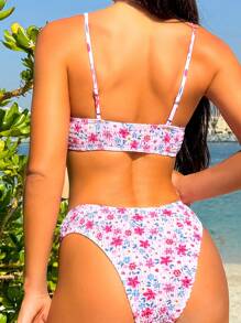 SHEIN Swim Summer Beach Women's Small Flower Print Underwire Cami Bikini Set - Multicolor - View 2