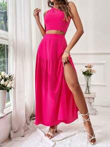 SHEIN VCAY 夏季浪漫情人节女士纯色两件套度假装 - 玫紅色 - 查看 4