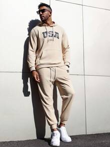 Manfinity Homme Set Di Due Pezzi Di Felpe Con Cappuccio E Pantaloni Della Tuta Con Stampa Di Lettere Per Uomo Di Taglia Forte Con Stringhe