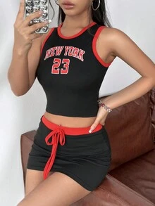 SHEIN Unity 2pcs/Set Colorblock Tank Top With Letter Graphic And Skirt With Border Detail - Multicolor - View 5