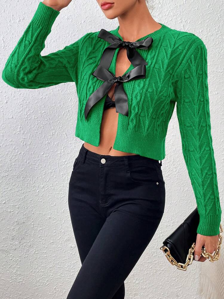 Women's Tie-Front Cropped Button-Up Shirt With Bowknot Decoration