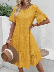 Breezaya Women Dresses Ruffle Hem Scallop Bordir Eyelet Plain Boho - Kuning - View 5